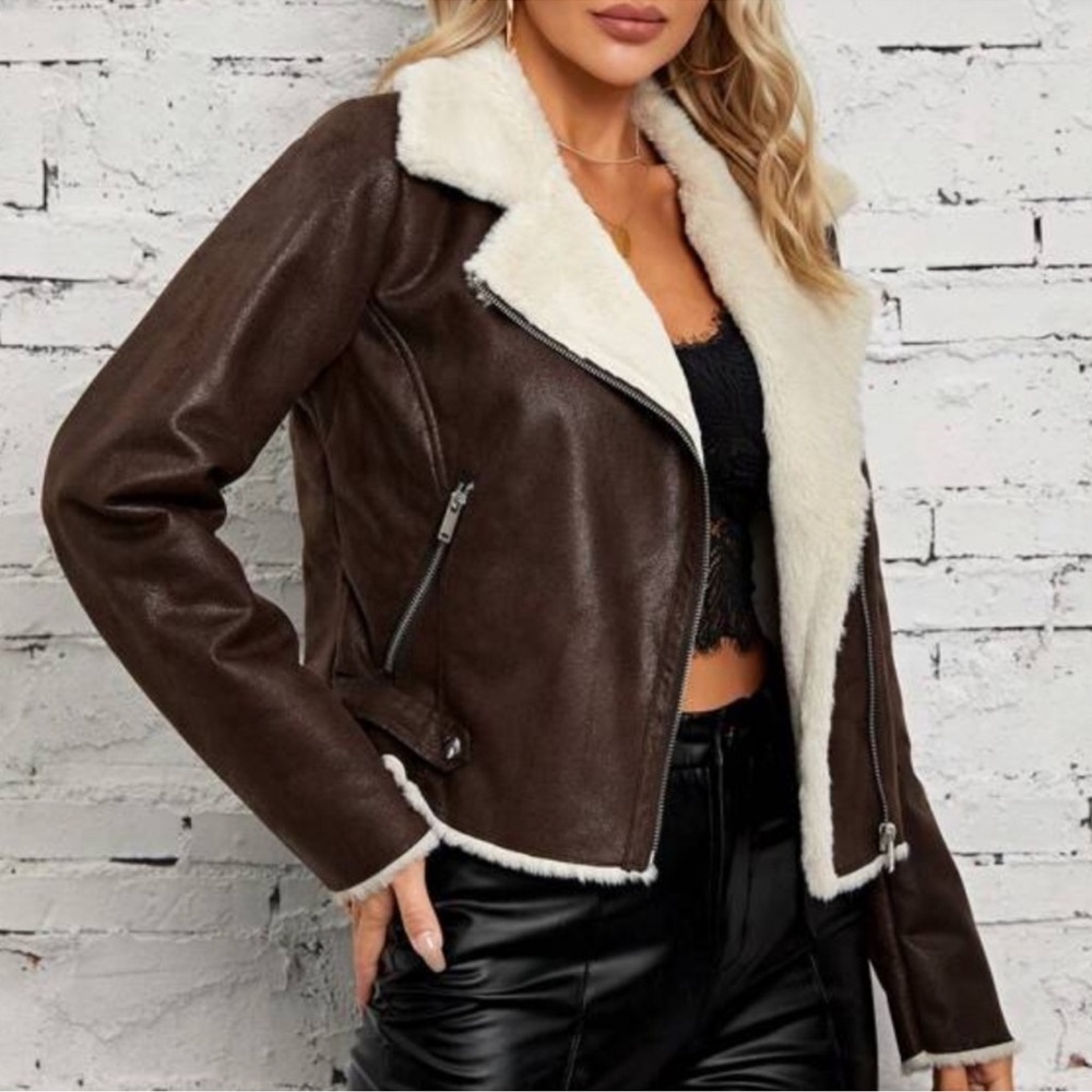 Luxe Vegan Leather Shearling Lined Moto Biker Jacket XS S M L XL